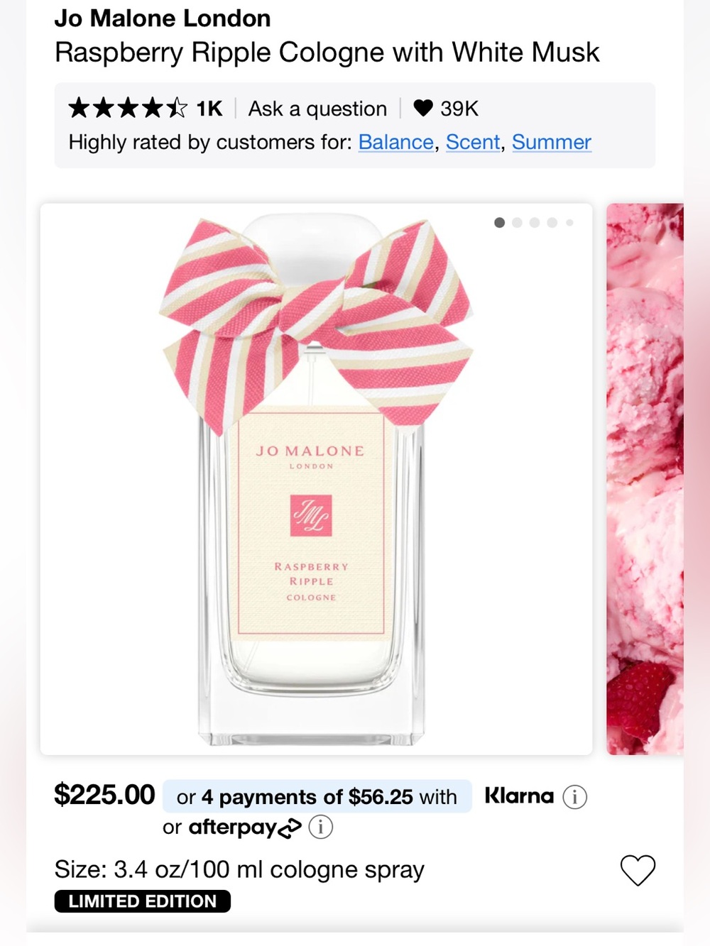 New Jo Malone Raspberry Ripple Cologne 100ml - Picture 1 of 4